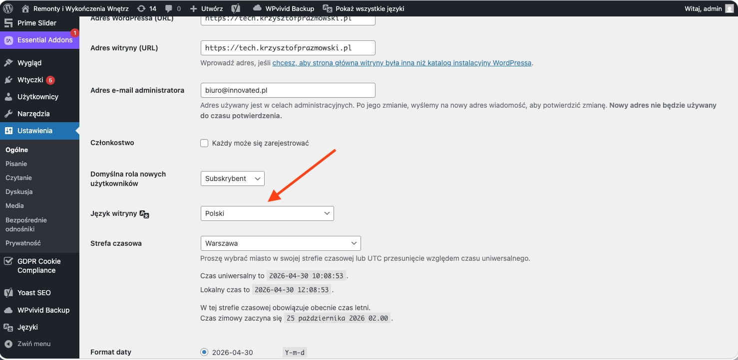 Jak zmienić język w panelu WordPress2